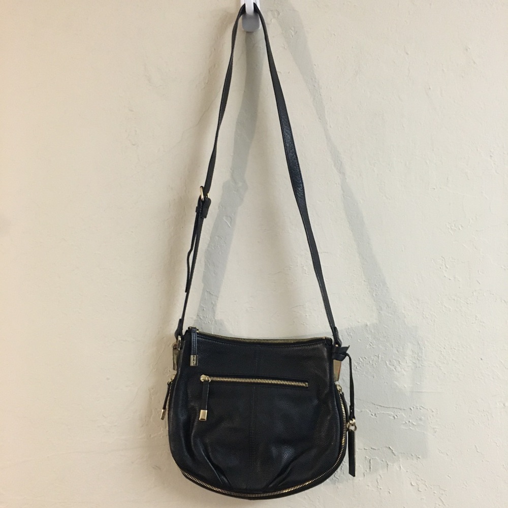 Vince Camuto Leather Crossbody Shoulder Bag Black Expandable Gold Zipper Detail - Picture 2 of 15